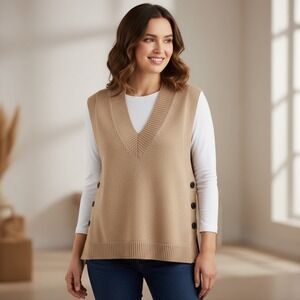 J Jill Tan Knit V Neck Sleeveless Button Side Sweater Vest Top S Petite